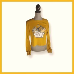 Looney Tunes Mustard Waffle Crop Top Shirt Size Large Like New Bugs Bunny Daffy,